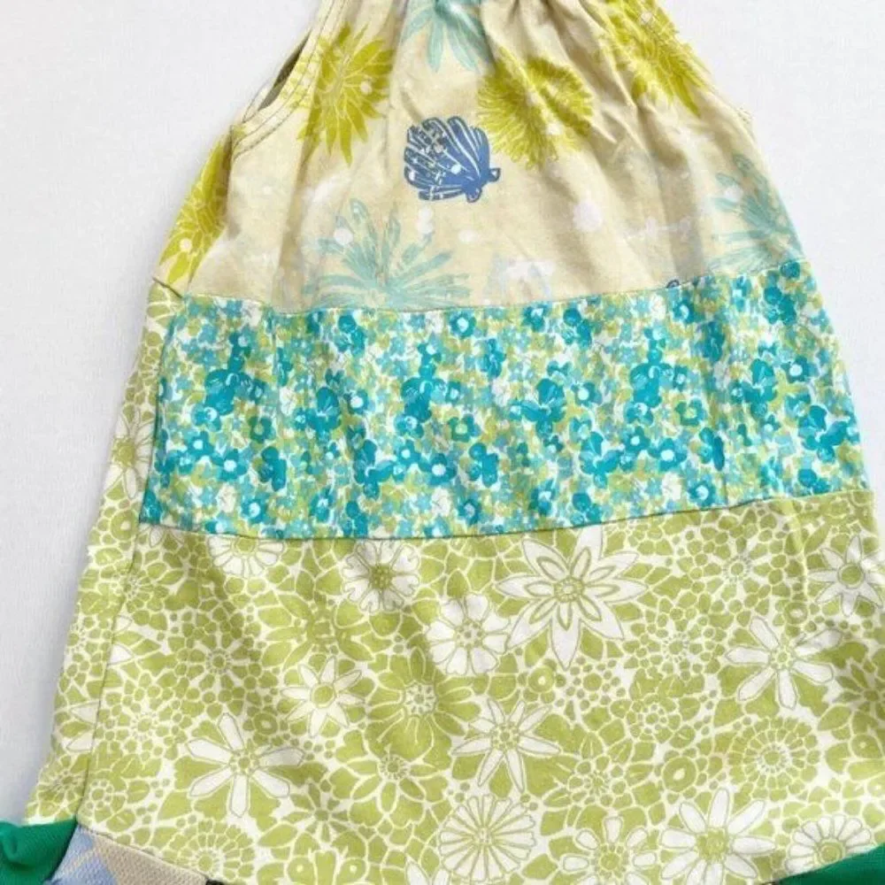 CourtneyCourtney Girls Green Dress 7/8 Sleeveless Halter Twirly Blue Handmade